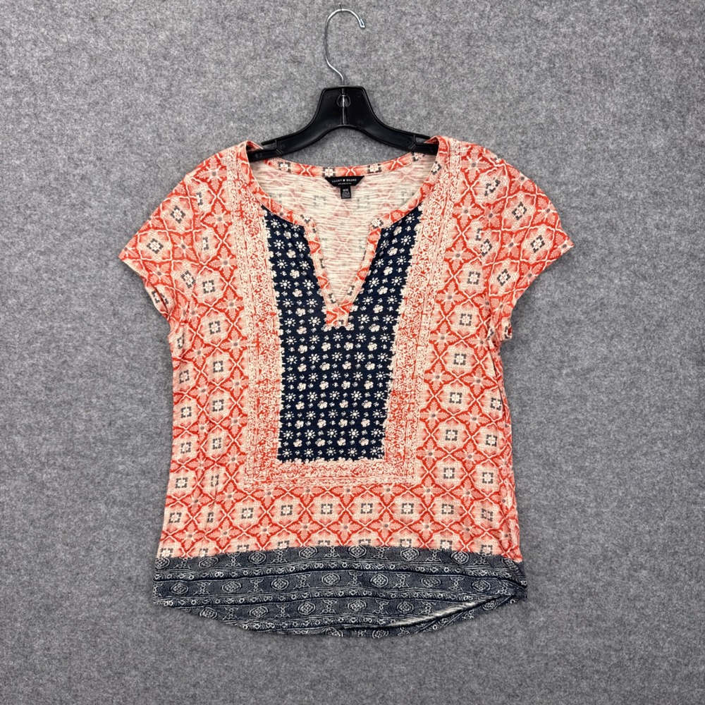 Lucky Brand Womens Medium Coral Navy Boho Geometric Split V-Neck Knit Top